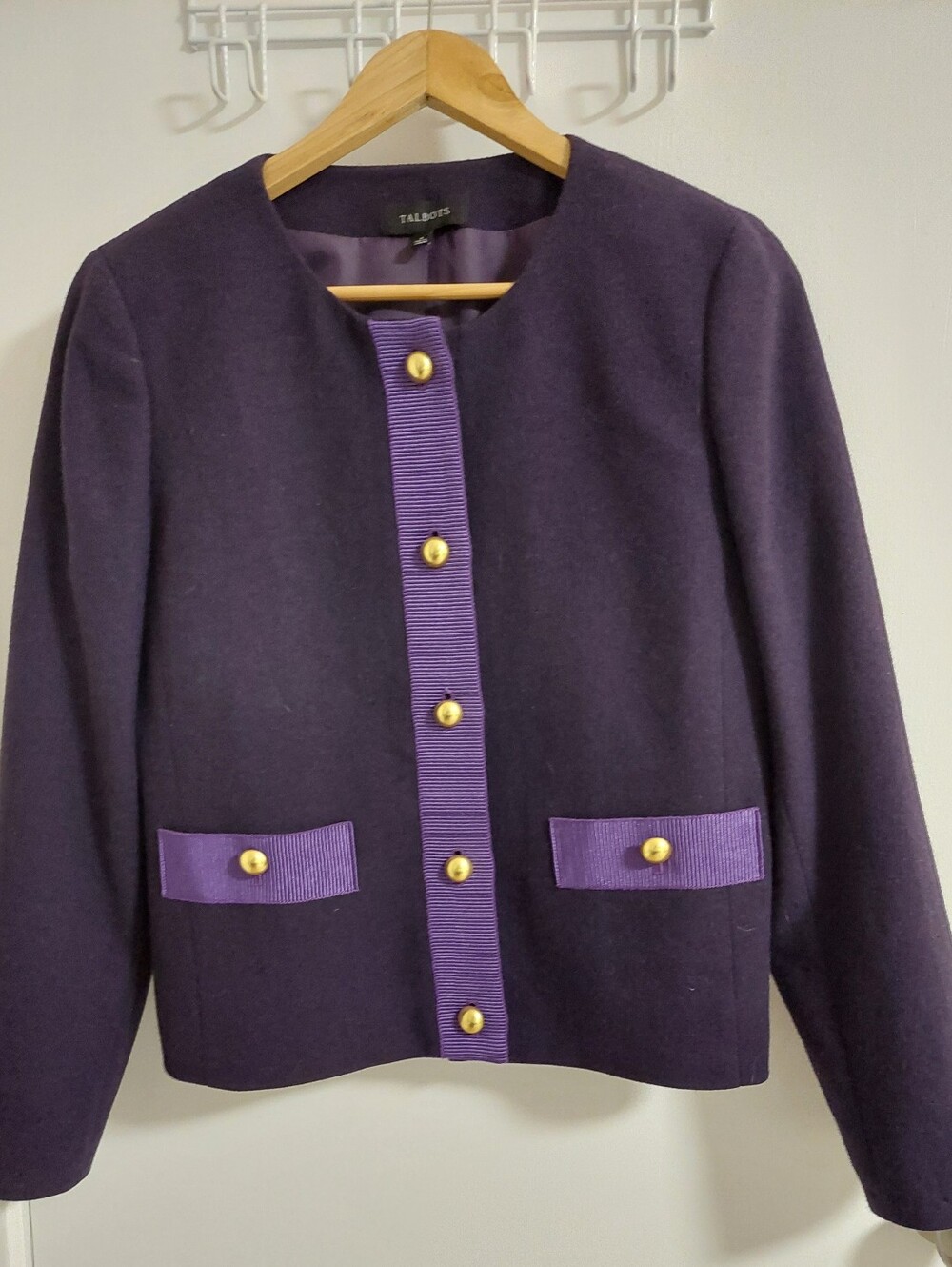 Talbots Deep Purple Wool Blend Button Jacket with Lilac Trim